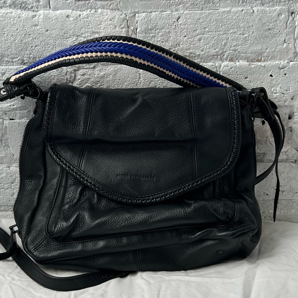 Aimee Kestenberg Black Leather Shoulder Bag with Blue Accent Strap - Picture 3 of 16